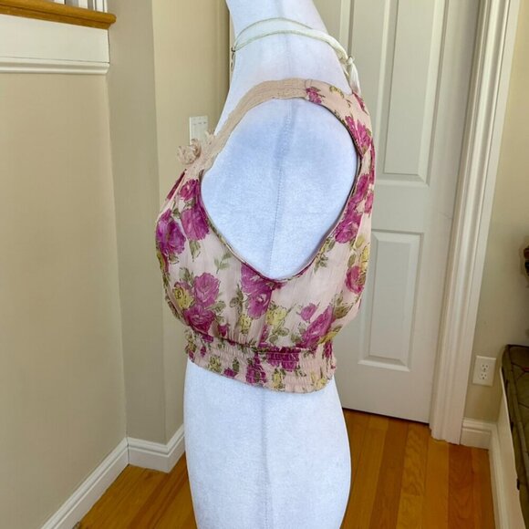 Band of Gypsies Top Y2K Crop Floral & Lace Purple Pink Beige Green Retro (S) - Picture 3 of 8